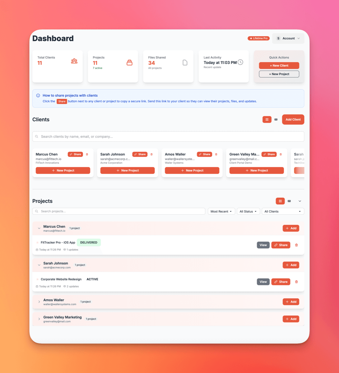 ClientPort main dashboard showing project overview and analytics